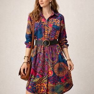 Artsy Bold Colorful Patchwork Long Sleeve Shirt Dress One Size Indie Ethnic Boho